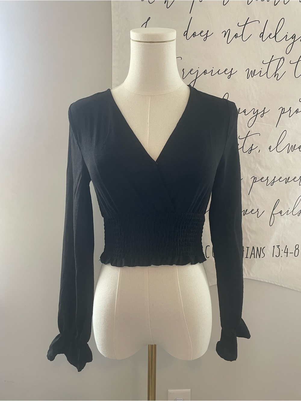 Altar'd State Black V-Neck Smocked Waist Long Sleeve Top